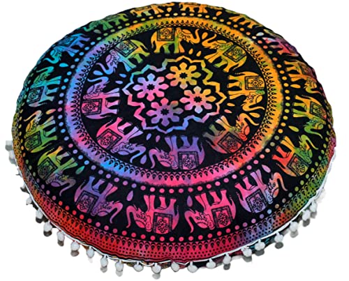 Round Mandala Floor Pillow Cover Seating Cushion Throw Cover Hippie Decorative Bohemian Ottoman Pouf Cover, Pom Pom Pillow Cases,Boho Indian 22 Inches (Multi Up hathi) - color: Multi Up Hathi