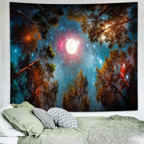 Delur Forest Tapestry Galaxy Moon Stars Night Space Starry Sky Wall Hanging Tapestry Aesthetic Tree Nature Landscape Psychedelic Headboard for Bedroom Living Room Home Decor (70.8" x 92.5") - color: Moon Forest, size: 70.8"L x 92.5"W