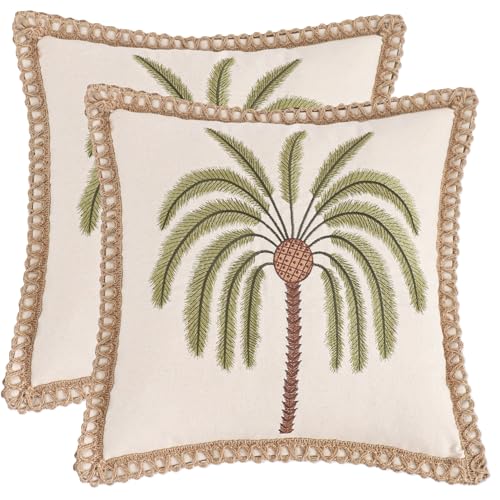 LUOYEHK Palm Tree Pillow Covers 18X18 Inch Set of 2 Tropical Plant Throw Pillow Covers with Jute Rope Summer Embroidered Pillowcase Square Decorative Cushion Covers for Couch Sofa Bed Home Decor - color: Green Palm Tree