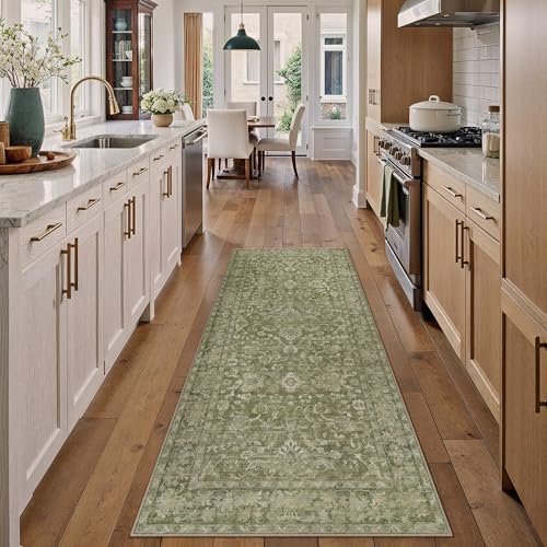 HUGEAR 2x6 Washable Vintage Runner Rug Green Neutral Distressed Low Pile Non Slip Soft Long Area Carpet Indoor Hallway Throw Rug for Entrance Kitchen Bathroom Laundry Living Room - color: Green, size: 2' x 6' (Runner)