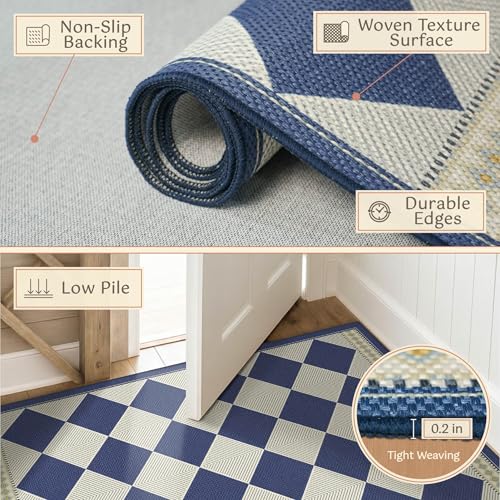 Checkered Easy Jute 3x5 Navy Blue Indoor Outdoor Rugs for Entryway, Washable Non Slip Diamond Boho Coastal Rug for Porch, Modern Minimalist Front Door Mat, Kitchen, Bathroom and Balcony Carpet - color: Blue, size: 3' x 5' (Rectangular)
