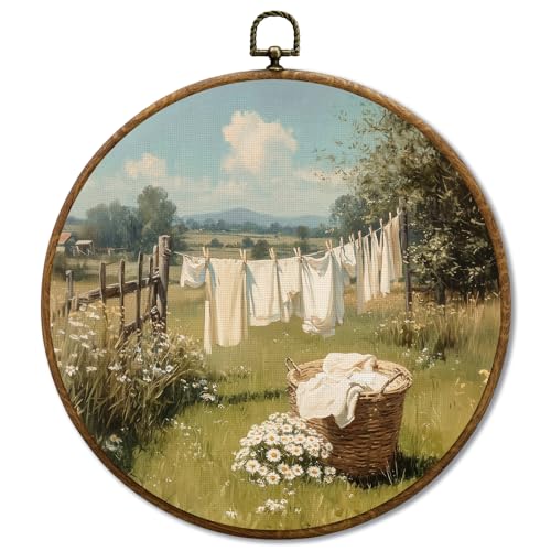 JUIOEIU Vintage Farmhouse Country Laundry Room Round Wall Decor, Cottagecore Laundry Day Framed Canvas Prints, Rustic Landscape Wall Art Hanging Decorations for Home Bedroom Living Room Decor, 10x10in - color: Laundry room01