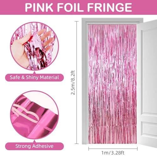 30 Pack Pink Foil Fringe Curtain Backdrop, 3.3x8.2 Feet Metallic Tinsel Streamer Curtains Photo Booth Props for Wedding/Birthday/Baby Shower/Valentine's Day/Princess Themed Party Decorations - color: Pink