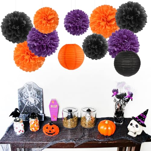 Purple-Orange Black Party-Decorations Paper-Flowers Lanterns - 15PCS Halloween Tissue Pom Poms Streamers,Vintage Birthday Retro Baby Bridal Shower Wedding Bachelorette Hanging Supplies Decor Hugfond - color: Black Orange Purple