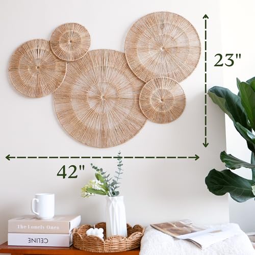 CHI AN HOME 18 Inch Boho Wall Decor – Set of 5 Woven Jute Wall Baskets, Boho Wall Art & Decorative Basket Set, Farmhouse Wall Hanging, Handwoven Wall Plates for Living Room, Bedroom – 18", 14", 11", 8", 7" - size: Set of 5 - Large