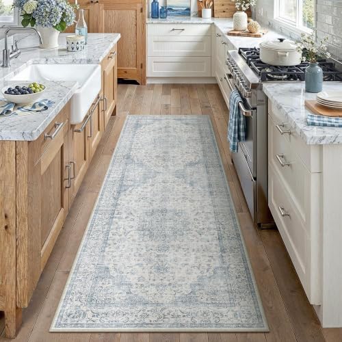 PureCozy 2x6 Runner Rug Washable Neutral Blue Vintage Hallway Kitchen Carpet Non Slip Low Pile Soft Floral Indoor Long Throw Rug for Bedroom Bathroom Laundry Living Room - color: Vintage | Blue, size: 2' x 6' (Runner)