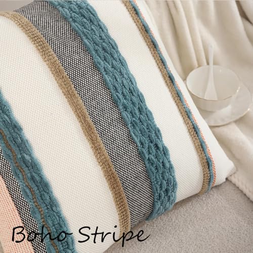 Turquoise Pillow Covers 18x18 Set of 2 Blue Coastal Throw Pillow Covers Boho Farmhouse Beach Pillow Cover Striped Decorative Pillow Case Accent Chenille Pillowcase for Home Decor - color: Blue Stripe, size: 18" x 18" (Pack of 2)