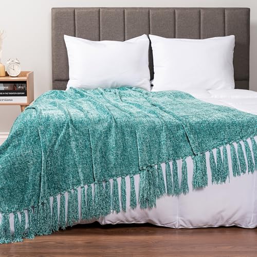 PAVILIA Teal Green Blanket for Couch, Twin Size Bed, Chenille Throw for Sofa Bed, Soft Knit Woven Turquoise Blanket with Decorative Tassel for Living Room, Teal Green Twin 60x80 - color: Teal, size: 60 X 80 Inches - Twin