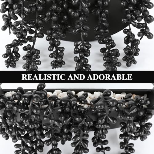 Artificial Hanging Plants Hanging Planter Fake Succulents Artificial String of Pearls with Pot and Lanyard for Home Office Wall Decoration - color: All Black, size: 2 Pcs