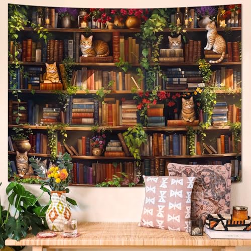 Accnicc Plant Cat Bookshelf Tapestry Botanical Floral Flower Cats Book Tapestries Wall Hanging Vintage Library Small Tapestry for Bedroom Living Room Dorm 60 x 44 inch - color: Green Brown, size: 60"L x 44"W
