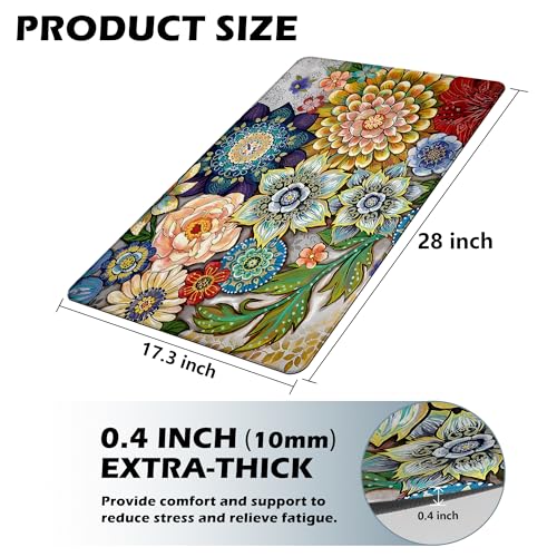 Floral Kitchen Rug Mat for Floor Boho Cushioned Anti-Fatigue Mat Non-Slip Standing Desk Waterproof Comfort Floor Mat for Sink, Office, Laundry, 17.3x28 Inch - color: Colorful Boho Floral, size: 17.3"x28"-0.40Th