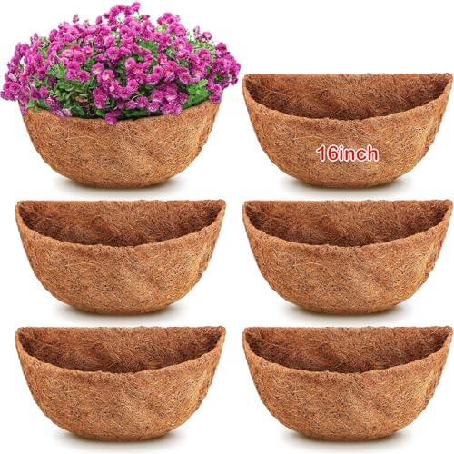 6 Pcs 16 Inch Half Round Replacement Coco Liner Half Circle Coconut Fiber Replacement Coco Liners Hanging Basket for Hanging Basket Wall Baskets Garden Planter Flower Pot - size: 16 Inch