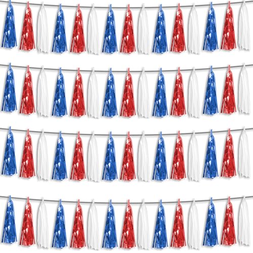 4P Red Blue White Foil Fringe Metallic Tassel Streamers Banner Tassel Garland for Parade Floats, Graduation, Wedding, Birthday, Halloween, Christmas, Independence Day, 4th of July, Party Decorations - color: Red Bule White