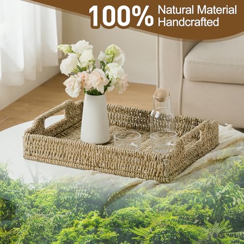 Wicker Scalloped Serving Tray with Handles - Seagrass Handwoven Trays,Water Hyacinth Tray for Home Decor and Living Room, Dining Table, Bathroom Organizing, 17.3" L x 13.4" W x 3.6" H - color: Seagrass-rectangle, size: 17.3" x 13.4" x 3.6"
