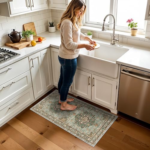 TOPRUUG Green Oriental Entry Rug - 2x4 Washable Area Rugs for Kitchen Bathroom Non-Slip Ultra-Thin Indoor Door Mat Indoor Entrance - Stain Resistant Small Throw Carpet (Green, 2X4) - color: Green, size: 2' x 4' (Rectangular)