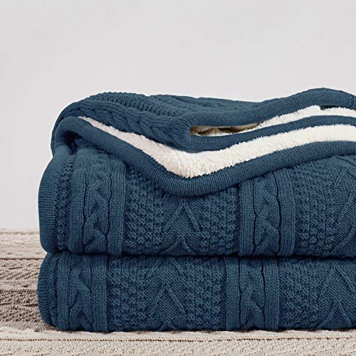 Longhui bedding Acrylic Cable Knit Sherpa Throw Blanket - Thick, Soft, Big, Cozy Grey Blue Knitted Fleece Blankets for Couch, Sofa, Bed - Large 50 x 63 Inches Gray Blue Coverlet All Season - color: Grey Blue, size: 50" x 63", Standard