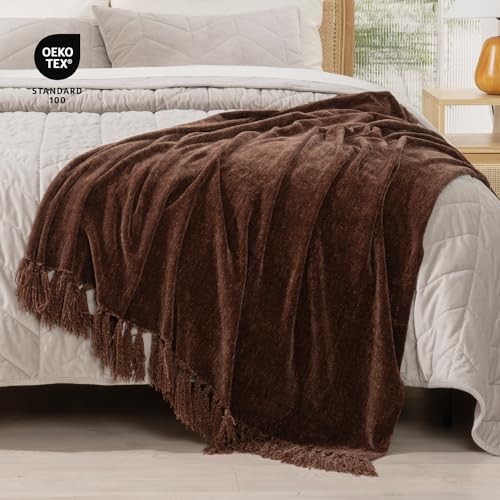RECYCO Throw Blanket Soft Cozy Chenille Throw Blanket with Fringe Tassel for Couch Sofa Chair Bed Living Room Gift (Brown, 60'' x 80'') - color: Brown, size: 60'' X 80''