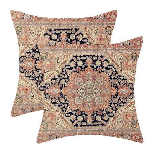 Boho Pillow Covers 18x18 Inch Set of 2, Bohemian Carpet Vintage Pattern Decorative Throw Pillowcase Boho Orange Retro Linen Outdoor Farmhouse Cushion Cover for Sofa Couch Bed Living Room - color: Boho27, size: 18" x 18" (Pack of 2)