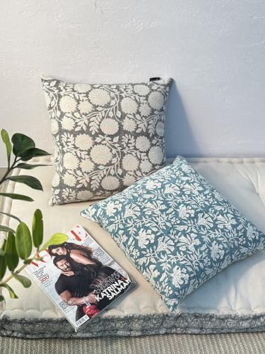 Handblock Printed Vintage Indian Cotton Decorative Throw Pillow Covers, Set of 2 (Vintage Turquoise Grey, 18" x 18" (Pack of 2)) - color: Vintage Turquoise Grey, size: 18" x 18" (Pack of 2)