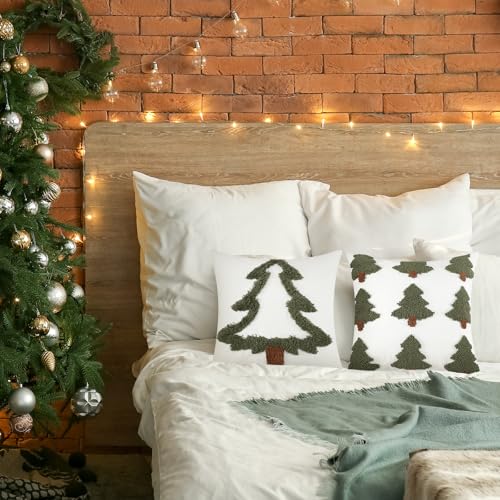 FuWeave 2 Pcs Tufted Christmas Tree Throw Pillow Cover 18 x 18 Inch Winter Throw Pillow Covers White Decorative Farmhouse Pillowcase for Holiday Party Winter Couch Home