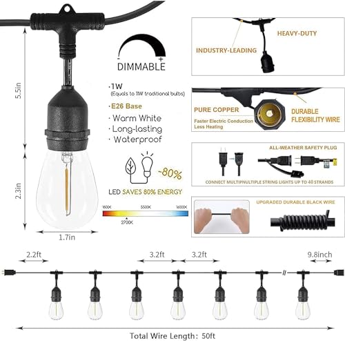 Svater Outdoor String Lights 150FT, E26 Socket, 48pcs S14 Shatterpoof Bulbs, 1 Watt Dimmable 2700K Warm White, IP65 Waterproof Commercial Grade Patio Lights（3 Pack X 50FT） - size: 150FT