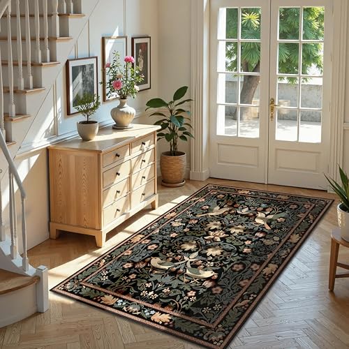 Boho Rug 3'x5',Washable Area Rugs for Bedroom Living Room Entryway Bedside,Small Farmhouse Bohemian Botanical Distressed Non Slip Carpet,Black Floral Bird - color: Black Floral Bird, size: 3'x5'