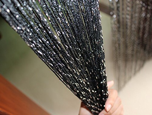 1x2 M Door String Curtain Rare Flat Silver Ribbon Thread Fringe Window Panel Room Divider Cute Strip Tassel for Wedding Coffee House Restaurant Parts, Black - color: Black