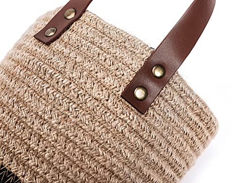 Wall Hanging Storage Baskets - Small Cotton Rope Woven Closet Storage Bins-Shelf Basket Organizer for Plants, Towels,Toys - 6.3" x 7" (Jute & Black) - color: Jute & Black