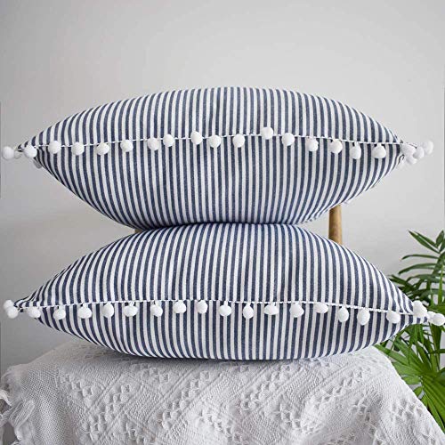 HOPLEE Decorative Pillow Covers 20x20 Farmhouse Stripe Pillows Covers Navy Blue Pillow Covers with Pom Pom for Home Decor 20x20 Inches Set of 2 - color: Navy Stripe Pom, size: 20" x 20" (Pack of 2)