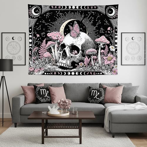 Accnicc Gothic Skull Tapestry Goth Skeleton Butterfly Mushroom Tapestries Wall Hanging Witchy Plant Floral Celestial Constellation Large Tapestry for Bedroom Living Room Dorm 80 x 60 inch - color: Pink White, size: 80"L x 60"W