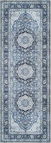 Bloom Rugs Caria Washable Non-Slip 7 ft Runner - Blue Traditional Runner for Entryway, Hallway, Bathroom, and Kitchen - Exact Size: 2'6" x 7' - color: Blue, size: 2'6" x 7' (Runner)