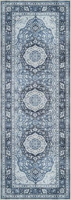 Bloom Rugs Caria Washable Non-Slip 7 ft Runner - Blue Traditional Runner for Entryway, Hallway, Bathroom, and Kitchen - Exact Size: 2'6" x 7' - color: Blue, size: 2'6" x 7' (Runner)