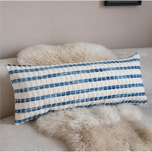 Caflife Boho Lumbar Pillow Covers 14x36 Inch Long, Farmhouse Blue Striped Textured Chenille Decorative Couch Pillow Cases, Rustic Accent Cushion Covers for Sofa Bed Living Room Bedroom, Pack of 1 - color: Blue, size: 36" x 14" (Pack of 1)