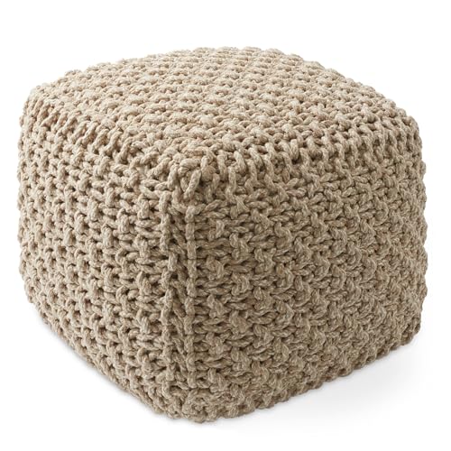Casafield Square Pouf Ottoman, Beige Ivory - 18.5" W x 18.5" D x 14.5" H Cotton Knit Foot Stool - Boho Floor Pouffe for Living Room, Bedroom, Office - color: Beige Ivory, size: 18.5"D x 18.5"W x 14.5"H