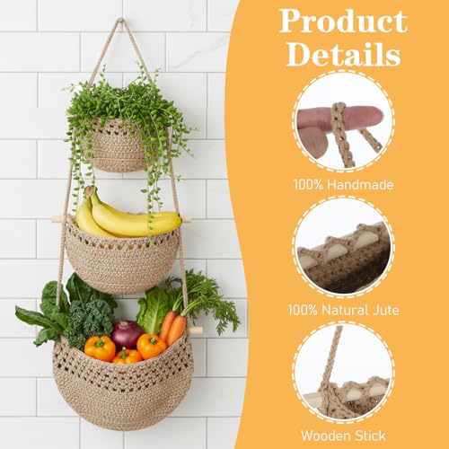 Hanging Fruit Basket, 3 Tier Woven Jute Wall Basket for Organizing, Hanging Produce Baskets for Fruit Vegetable Storage, Boho Kitchen Decor, Wall Baskets Storage for Kitchen, Bedroom, Bathroom