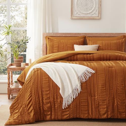 Burnt Orange Tufted Textured Comforter Set Queen Size, 7 Piece Bed in a Bag，Shabby Chic Boho Bedding for Bedroom Comforter，All Season Soft Microfiber Ruffle Comforter Set with Pillow and Sheets - color: Burnt-orange, size: Queen