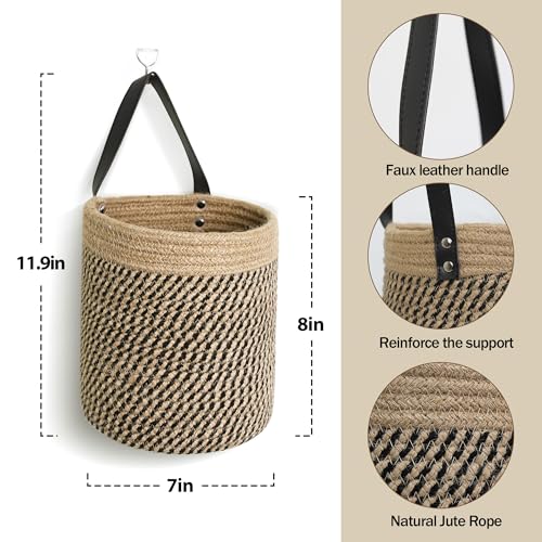Hanging Basket 2 Pack, Small Wicker Wall Baskets for Organizing, Woven Boho Wall Hanging Decor, Indoor Plant Holder, Cotton Rope Door Organizer, Shelf Storage Bin, 7"D x 8"H (Black Stripes) - color: Black Stripes