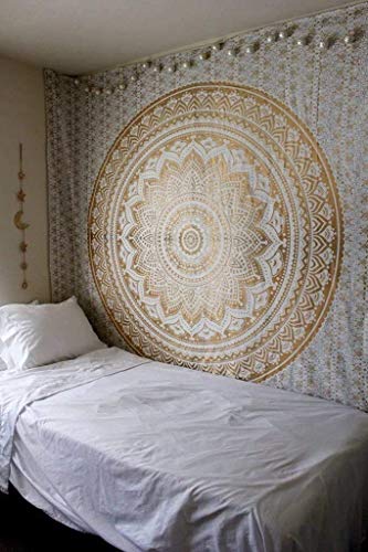 ANJANIYA Ombre Wall Hanging Bohemian Tapestry, Metallic Wall Art Bedspread, Psychedelic Hippie Mandala Dorm Décor for Hanging, Bedding, Beach Coverlet Curtain, Gold 85"X90" - color: Gold, size: 90"L x 85"W