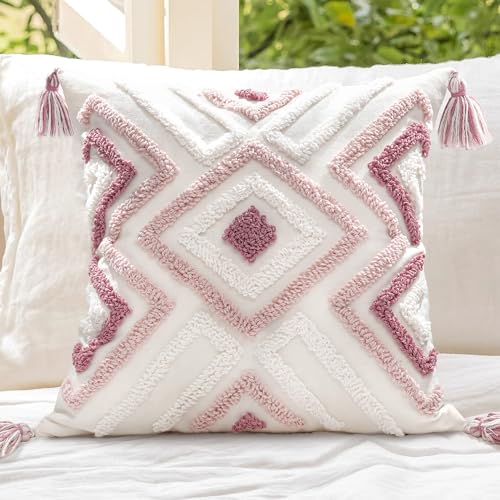 Boho Pillow Covers 18X18 Inch Boho Tufted Throw Pillow Covers Decorative Tassels Cushion Cover Farmhouse Pillow Case for Couch Sofa Bed Living Room Bedroom, Pink - color: Boho Multi-pink, size: 18" x 18" (Pack of 1)