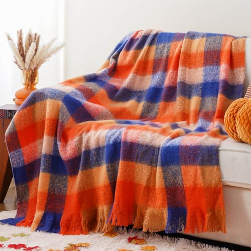 Battilo Fall Orange Plaid Throw Blanket for Couch, Colorful Mohair Tartan Plaid Blanket, Farmhouse Style Throw Blankets for Fall Home Decor(50"x60") - color: Multi Orange
