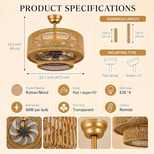 Boho Ceiling Fan with Light: 4-Lights Hand Woven Rattan Chandelier with DC Reversible,6 Speeds, 3CCT - Farmhouse Caged Ceiling Fan for Bedroom,Living Room,Kitchen,Nursery,Island