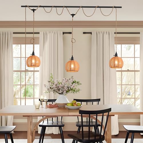 3-Light Hanging Light with Plug in Cord,Plug in Pendant Light 22ft Hemp Rope Pendant Lighting Vintage 3-Light Hanging Lamp Fixtures for Kitchen Island Living Room Bedroom - color: 3 Light 20CM Hemp Rope Shade