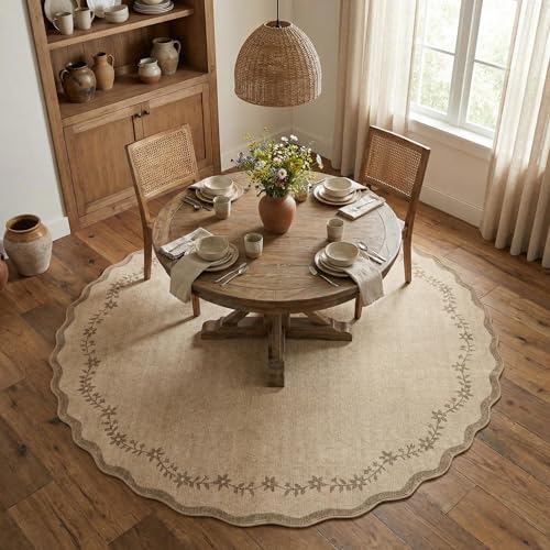 GarveeHome Round Area Rugs 6ft for Bedroom, Solid Jute Washable Circle Rug Soft Non Slip Floral Print Floor Mat Tan Leaves Carpet Indoor Thin Rug for Living Room Dining Room Playroom Nursery - color: Jute, size: 6' (Round)
