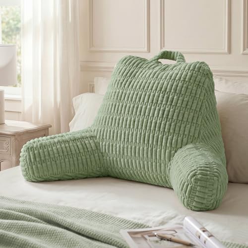Blissful Diary Reading Pillow, Backrest Pillow with Shredded Memory Foam for Adult & Children, Designed for Bed and Couch Sitting Up, Includes Arms, Pockets and Washable Cover, Sage Green - color: Textured Sage Green, size: Standard(18inch)