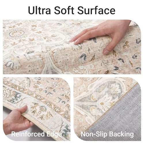 befbee 5x7 Area Rugs for Living Room,Stain Resistant Washable Rug,Non-Slip Backing Rugs for Bedroom,Kitchen,Printed Vintage Home Decor Rug (Peach/Gray, 5'x7') - color: Pink/Gray, size: 5' x 7' (Rectangular)