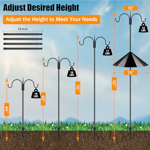 FEED GARDEN Bird Feeder Pole Squirrel Proof 92" Heavy Duty Shepherds Hook for Outdoor, Double Hooks with 19" Squirrel Baffle, 5-Prong Base Adjustable Bird Feeder Stand for Plants & Lanterns - size: 92 Inch Pole&Baffle