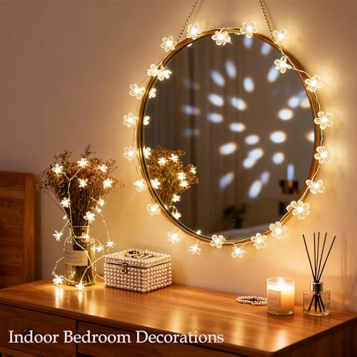 Indoor Plug in Decorative Fairy Flower String Lights, 33ft 100 LED Twinkle Cherry Blossom Floral Lamp for Bedroom Window Wall Ceiling Tree Hanging, Christmas Easter Birthday Decor (Warm White) - color: Warm White