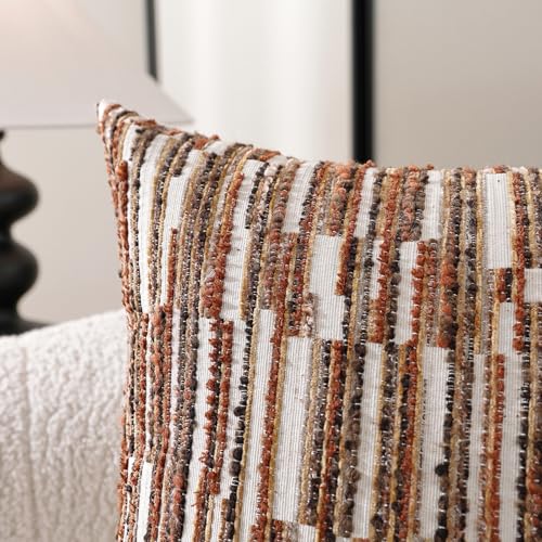 Striped Throw Pillow Covers 18x18 Set of 2 Orange Textured Boucle Chic Morden Boho Accent Farmhouse Decorative Chenille Pillow Covers for Home Decor Bed Sofa Living Room - color: Orange, size: 18" x 18" (Pack of 2)