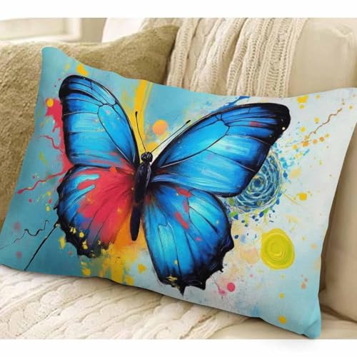 EKOBLA Butterfly Pillow Covers Watercolor Lotus Floral Fantasy Splash Doodle Painting Waist Lumbar Cotton Linen Cushion Cover Oblong Rectangle Pillowcase for Men Women Home 12x20 Inches - color: Multi-bs25, size: 20" x 12" (Pack of 1)
