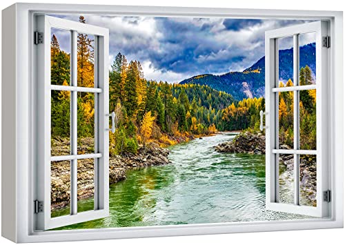 wall26 Canvas Print Wall Art Window View Autumn Forest River Stream Mountains Wilderness Nature Photography Realism Scenic Landscape Colorful Multicolor for Living Room, Bedroom, Office - 12"x18" - color: A40-2204-win20, size: 18"L x 12"W